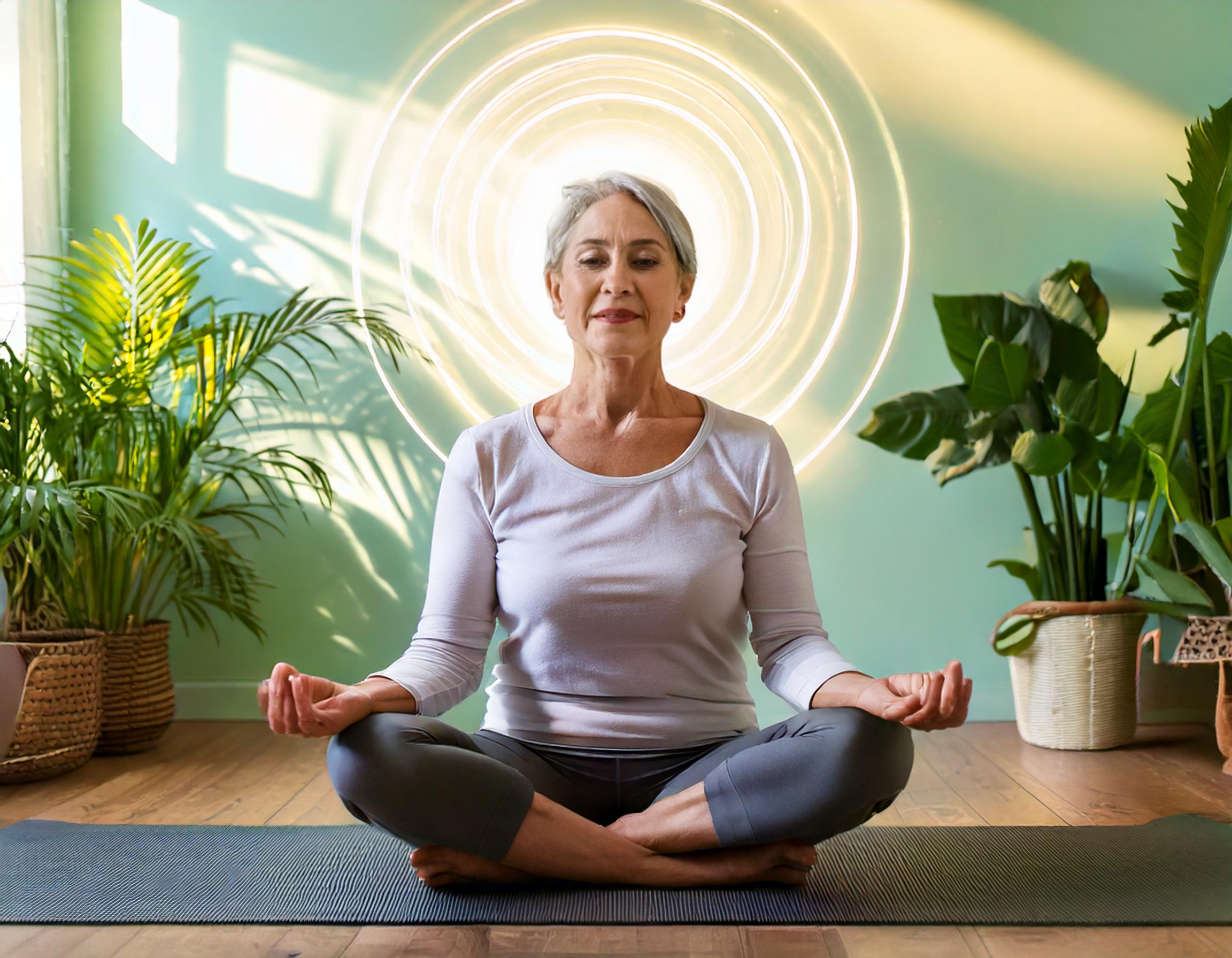 Firefly mulher de 60 anos praticando meditação e uma áurea de energia positiva ao redor da cabeça de